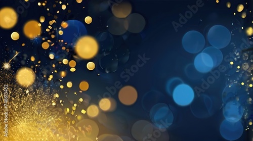 An abstract background featuring dark blue and golden particles. Christmas golden light shines, creating a bokeh effect on the navy blue background. Gold foil texture is also present. Generative A