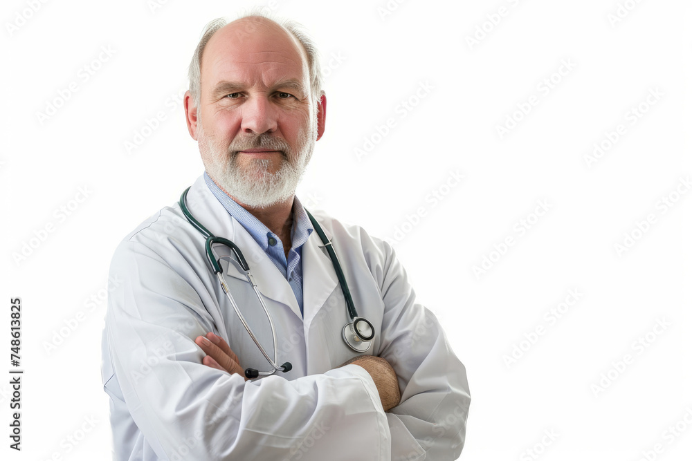 Confident mature male oncologist in white coat with stethoscope, healthcare professional portrait Confident mature male oncologist in white coat with stethoscope, healthcare professional portrait