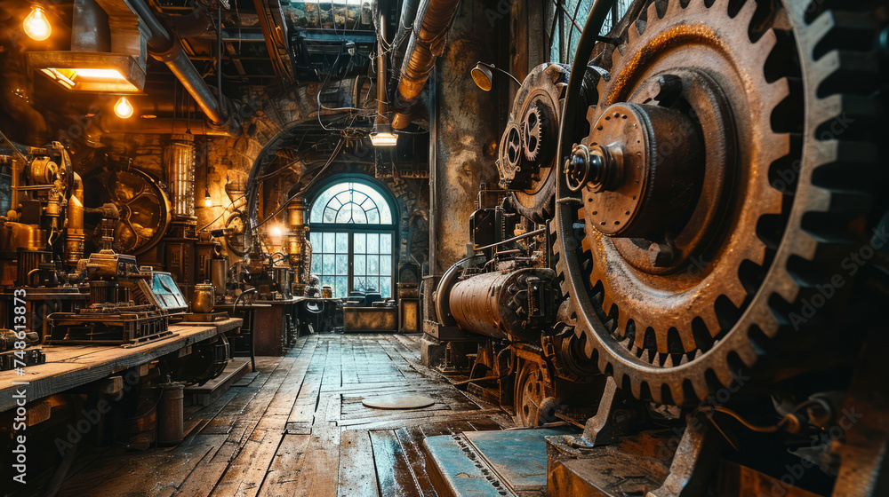 Steampunk-inspired interior filled with intricate machinery