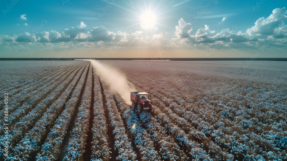 Tractor harvesting cotton in a field at sunset. Aerial view with sun flare. Agriculture and farming concept for design and print - obrazy, fototapety, plakaty 