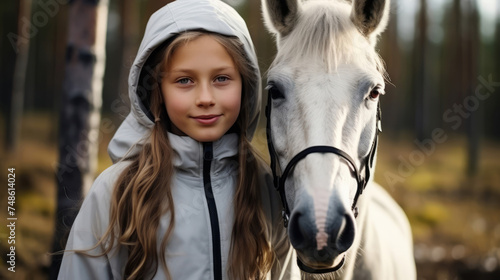 Portrait of girl with a white horse in a forest © Robert Kneschke