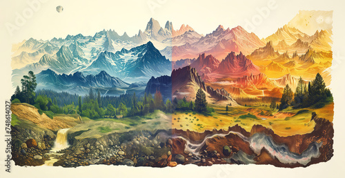 Vintage colorful poster of mountaineous landscape photo