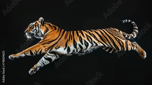 Tiger jump on a black background. Flying animal.