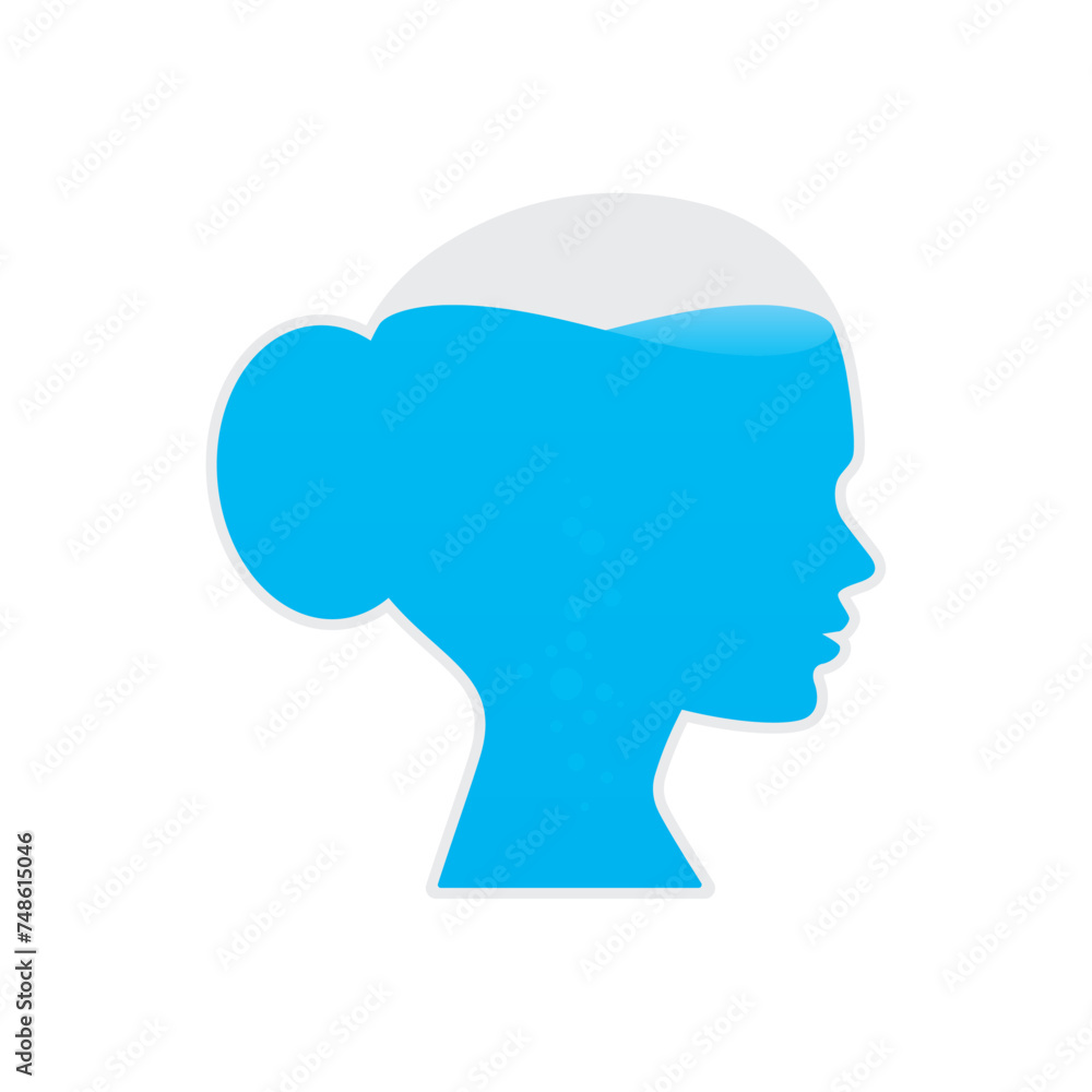 Vector image of a woman's head filled with blue liquid. Isolated on white background
