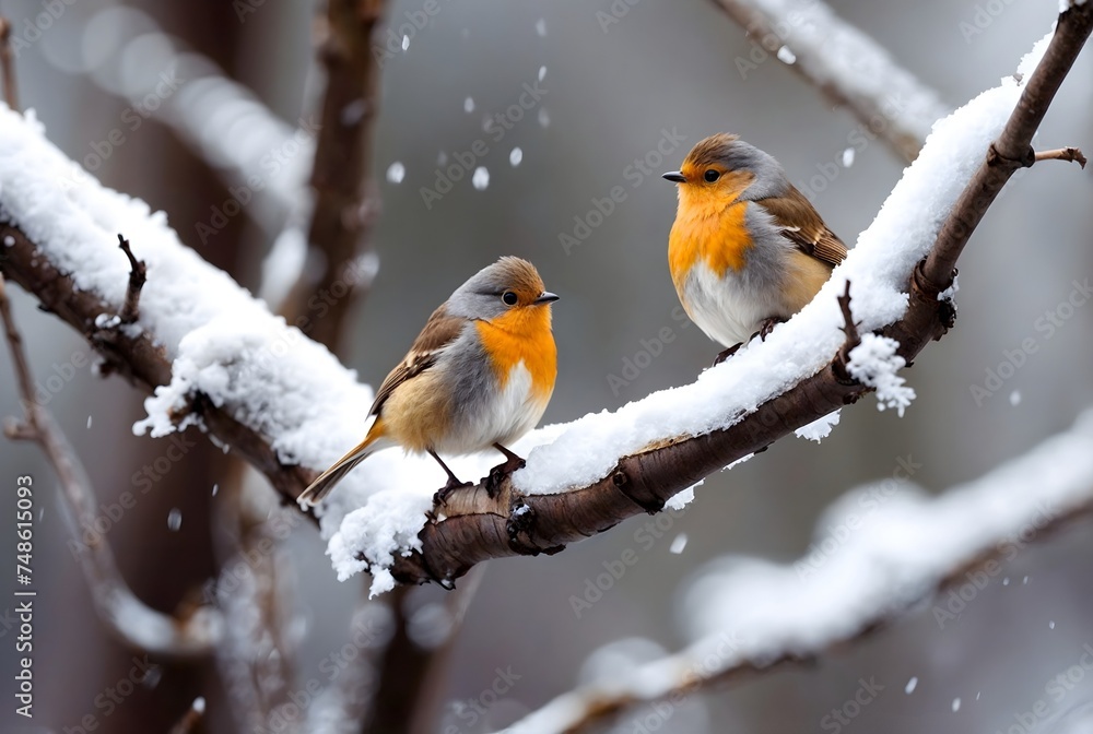 Robin redbreast birds standing on a snow covered branch in a winter climate Robin redbreast birds standing on a snow covered branch in a winter climate