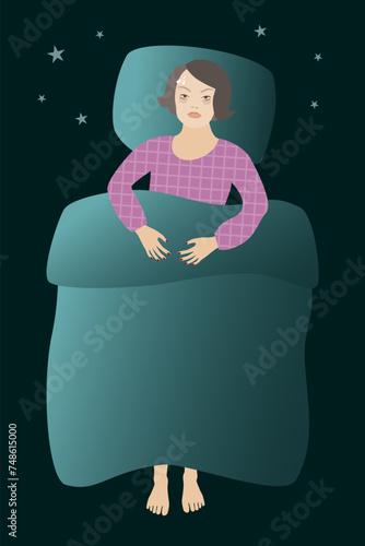 Woman having insomnia and night sweats, menopause symptoms.