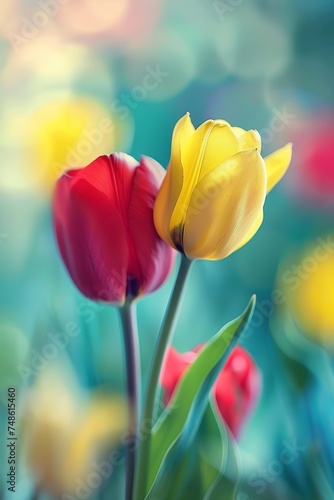 a macro photograph that red and yellow tulip flowers
