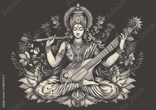 Hindu Goddess Saraswati. Vector hand drawn illustration © Blue