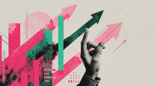 Halftone collage with hand and arrow in grunge style. Vintage poster of business finance market. Template for investment banner. AI generated