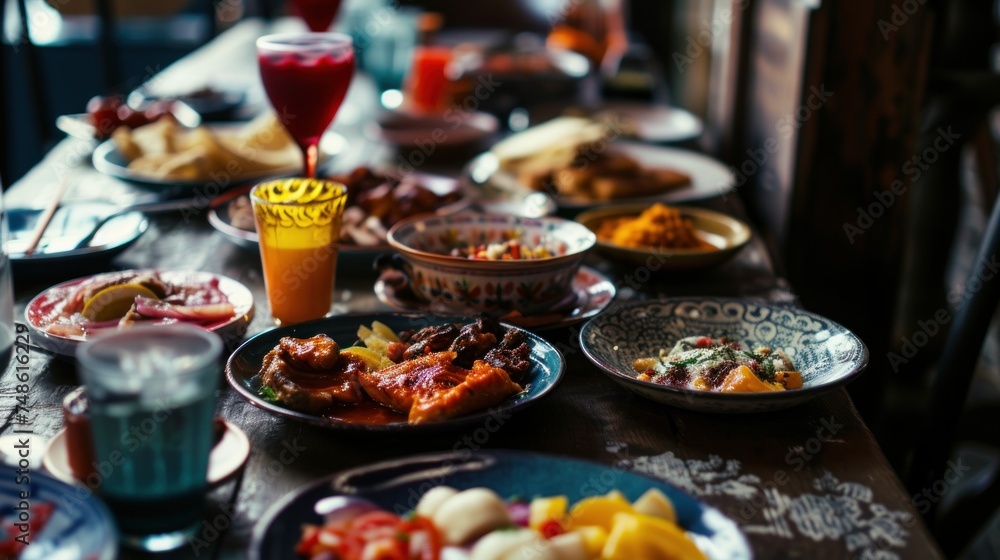 a table topped with lots of plates of food next to a glass of red wine and a glass of orange juice.