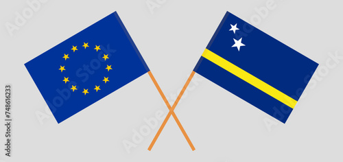 Crossed flags of the European Union and Country of Curacao. Official colors. Correct proportion