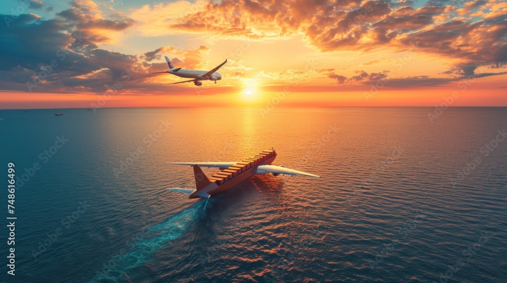 a plane a large body of water with a bird the top of the plane and the sun in the background.