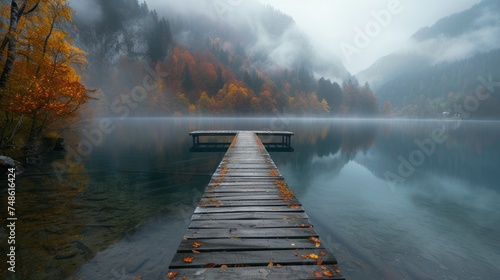 a dock middle of a body of water surrounded by trees with orange leaves on it and fog air.