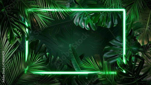 Green Neon Light with Tropical Leaves glowing frame
