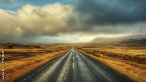 a long empty road in the middle of a field with a sky filled with clouds over the top of it.