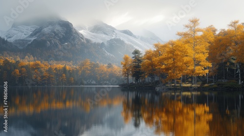 a body of water surrounded by trees with yellow leaves on them and a mountain background with clouds sky.