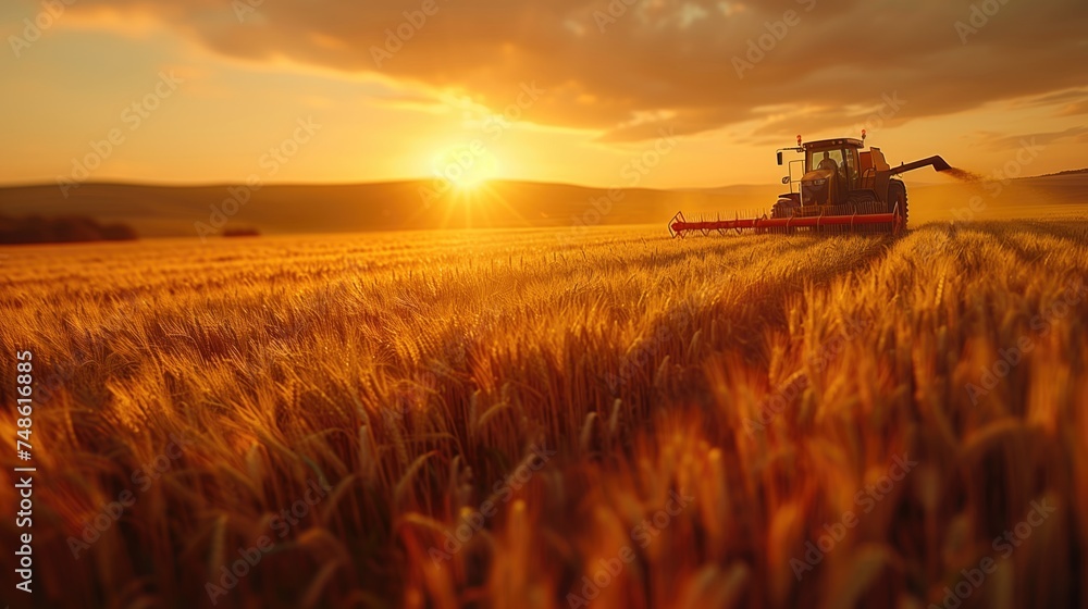 Fototapeta premium An agricultural tractor cultivates the land. Harvester on a wheat field. A combine harvester working in a large field against the backdrop of sunset.