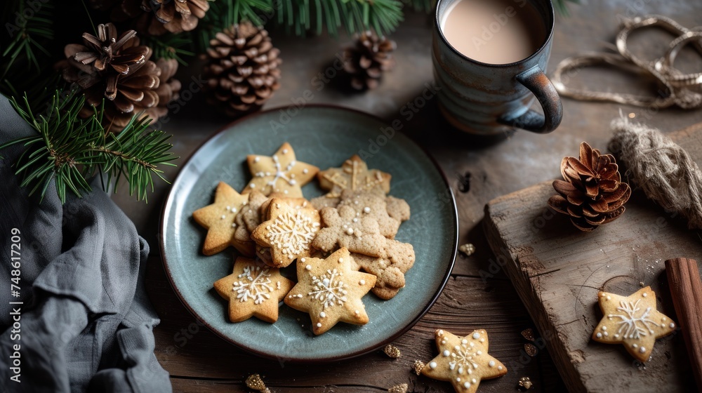 a plate of cookies on a table next to a cup of coffee and a wooden board with pine cones on it. a plate of cookies on a table next to a cup of coffee and a wooden board with pine cones on it.