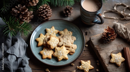 Wallpaper Mural a plate of cookies on a table next to a cup of coffee and a wooden board with pine cones on it. Torontodigital.ca