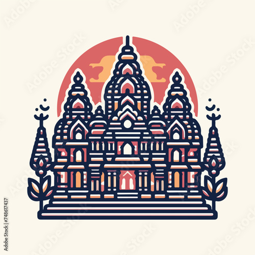 Hindu Temple India. Flat cartoon style historic sight showplace attraction web site vector illustration. World countries cities vacation travel sightseeing Asia Akshardham 