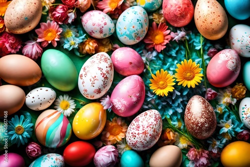 Background, eggs and color for holiday, vacation and easter season with color, chocolate and celebration. Flowers, banner and decoration in abstract for creative wallpaper, advertisement and art