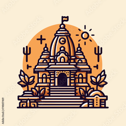 Hindu Temple India. Flat cartoon style historic sight showplace attraction web site vector illustration. World countries cities vacation travel sightseeing Asia Akshardham 