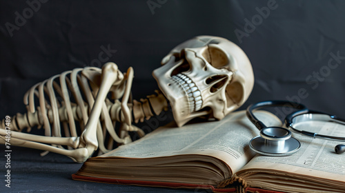 human skull with stethoscope and old book on black background.