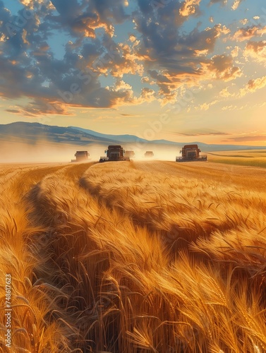 An agricultural tractor cultivates the land. Harvester on a wheat field. A combine harvester working in a large field against the backdrop of sunset.