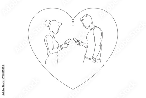 Online digital date for lovers. Couple on a date. People look at the phone screen. Digital age and lack of personal interaction.Internet addiction, social networking concept.)