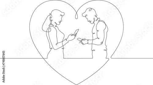 Online digital date for lovers. Couple on a date. People look at the phone screen. Digital age and lack of personal interaction.Internet addiction, social networking concept.)