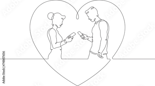 Online digital date for lovers. Couple on a date. People look at the phone screen. Digital age and lack of personal interaction.Internet addiction, social networking concept.)