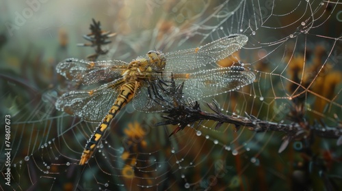 a close up of a spider web with a yellow and black dragonfly sitting on it's back end. photo