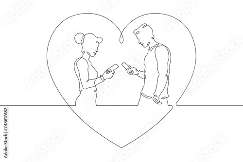Online digital date for lovers. Couple on a date. People look at the phone screen. Digital age and lack of personal interaction.Internet addiction, social networking concept.)