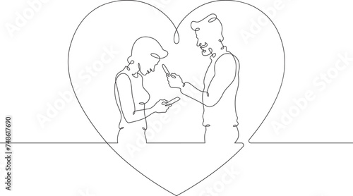 Online digital date for lovers. Couple on a date. People look at the phone screen. Digital age and lack of personal interaction.Internet addiction, social networking concept.)