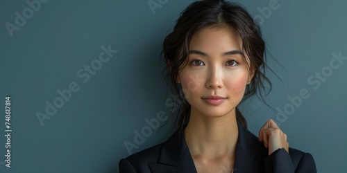 A gorgeous Japanese businesswoman in a stylish suit, exuding confidence with a positive, professional demeanor.