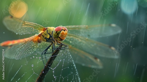 a close up of a dragonfly on a plant with drops of water on it's wings and wings. © Alice