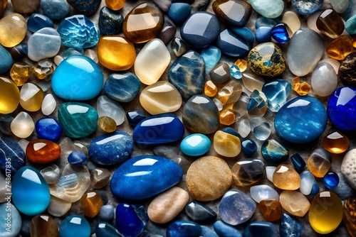 blue and yellow stone background with beach gems, sea stones, transparent, colorful, precious stones, texture, gemstones, rocks, and shiny stones. Close-up view