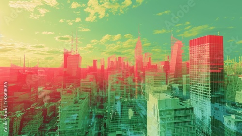 a view of a city with tall buildings in the foreground and a green sky with clouds in the background.