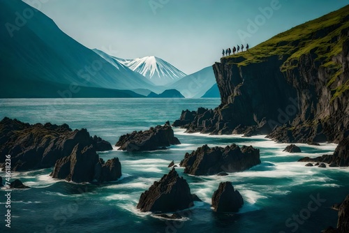 The nature of the Kamchatka peninsula and a colony of birds on the rocks for 4K wallpaper photo