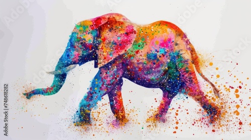 a painting of a colorful elephant with splatters of paint on it's body and tusks.