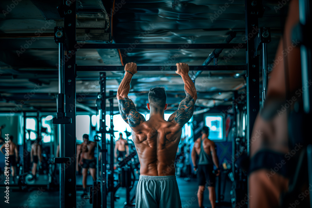 Back view of shirtless young man doing pull-ups in gym - obrazy, fototapety, plakaty 