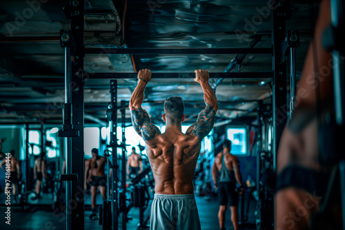 Back view of shirtless young man doing pull-ups in gym photo