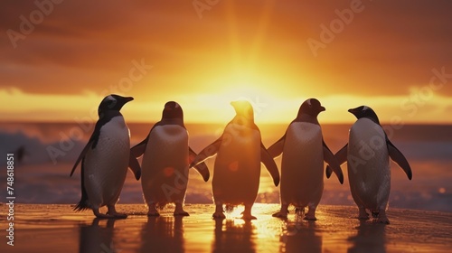 a group of penguins standing on top of a beach next to the ocean with the sun setting in the background.