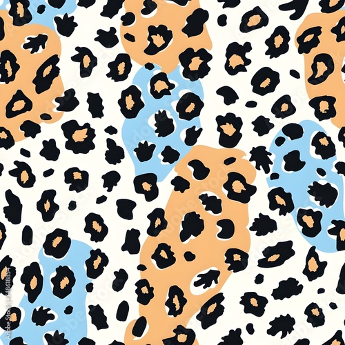 A leopard print fabric with blue, orange, and black spots.