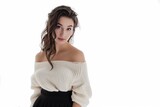 Pretty Young Woman in Off-the-Shoulder Sweater and High-Waisted Skirt photo on white isolated background --ar 3:2 --v 6 Job ID: f854eb1e-f542-4234-b69b-a1abbe8d1f6a