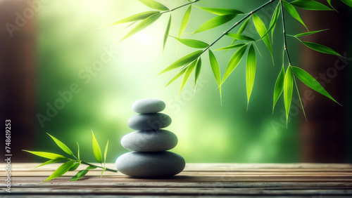 Serene Zen Stones with Bamboo Leaves and Soft Focus