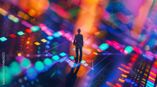 Miniature businessman in a suit on a stock market board, vibrant colors, dynamic shadows, business and financial concept
