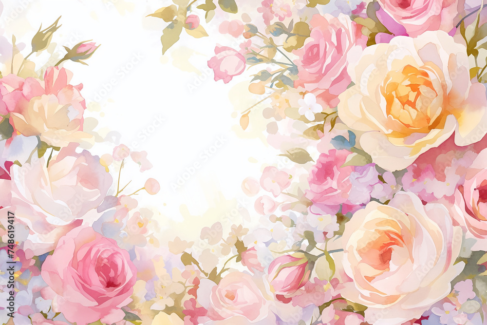 Fototapeta premium Watercolor illustration of colorful flowers. Design for textile, wallpaper, greeting card. Floral frame for wedding or anniversary invitation with copy space.