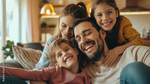 Beautiful young family is hugging and smiling while sitting on sofa at home