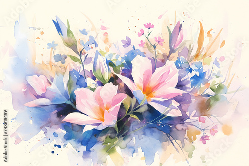 Watercolor illustration of colorful flowers. Design for textile, wallpaper, greeting card. Floral composition for wedding or anniversary invitation. © NeuroCake